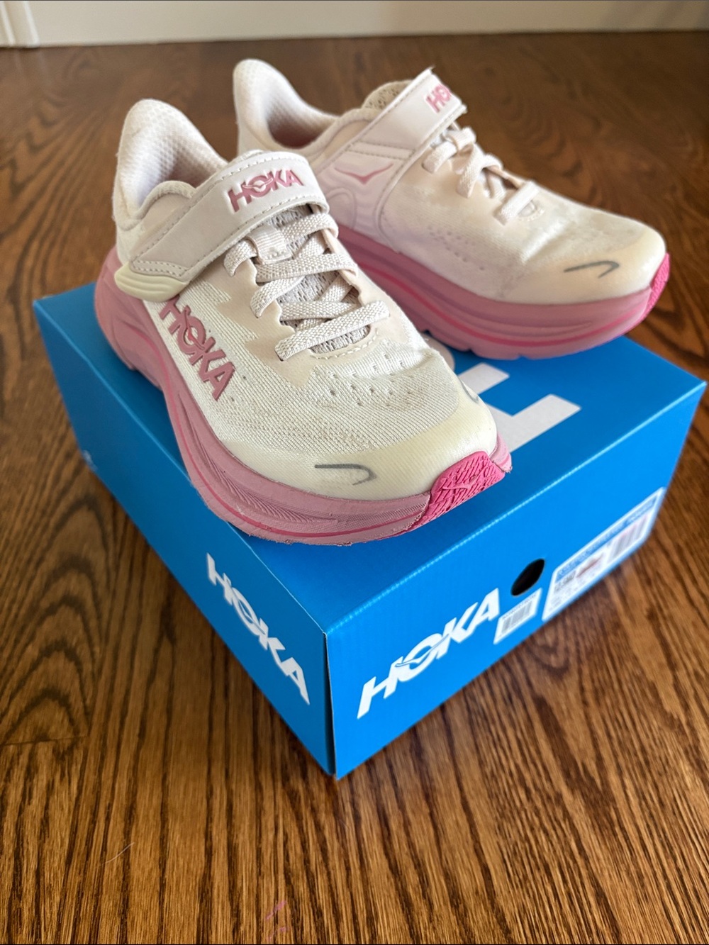 Hoka Kids Pink and Cream Clifton 10